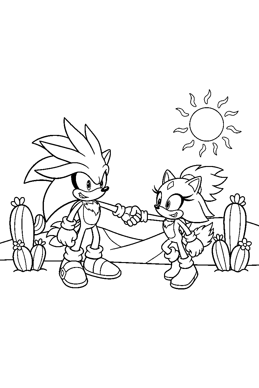 silver the hedgehog helping a friend in a desert zone line art