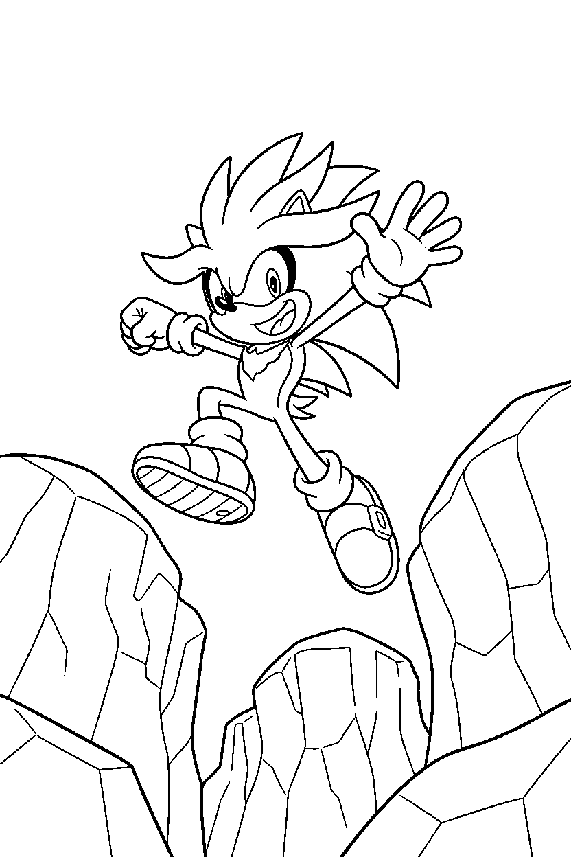 silver the hedgehog jumping with joy near bright cliffs line art