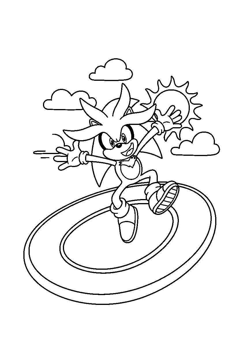 silver the hedgehog jumping with joy on a loop hill path line art
