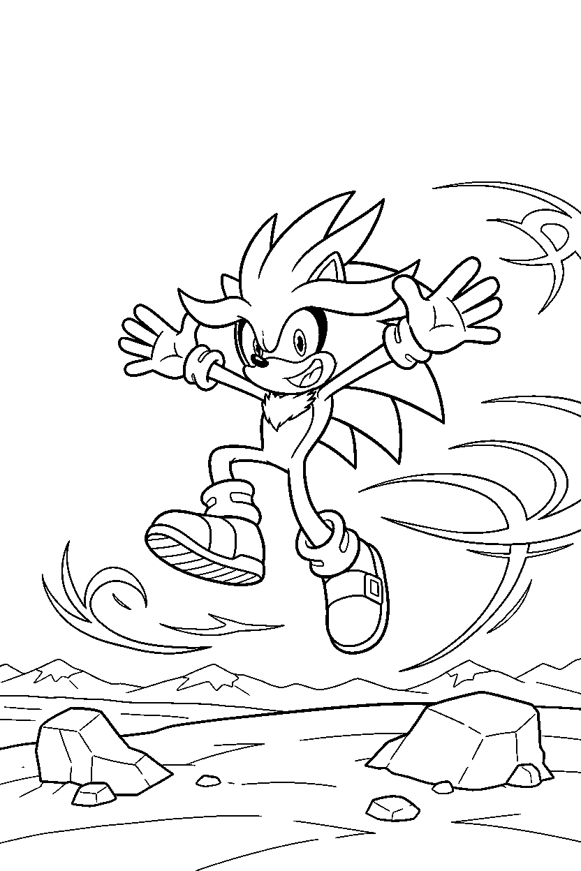 silver the hedgehog jumping with joy on a windy plateau line art