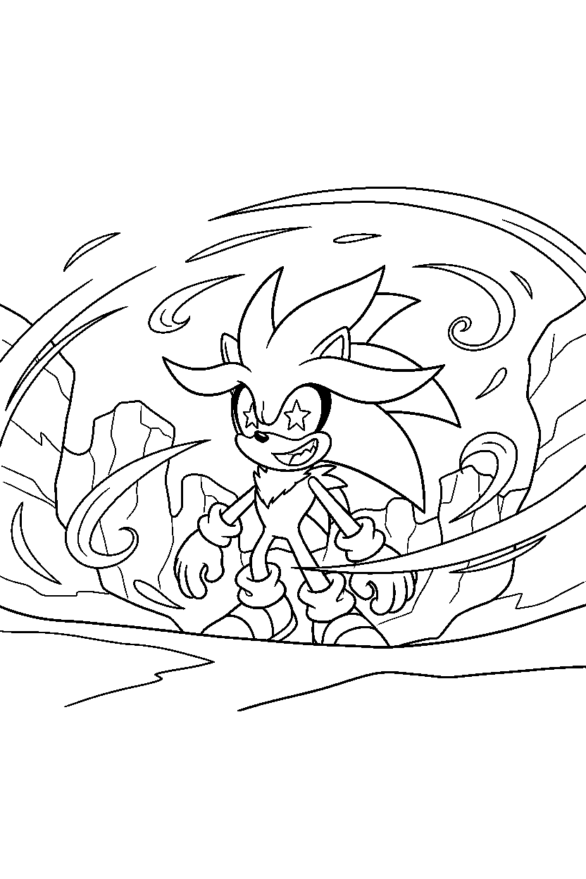 silver the hedgehog looking excited in a windy canyon line art