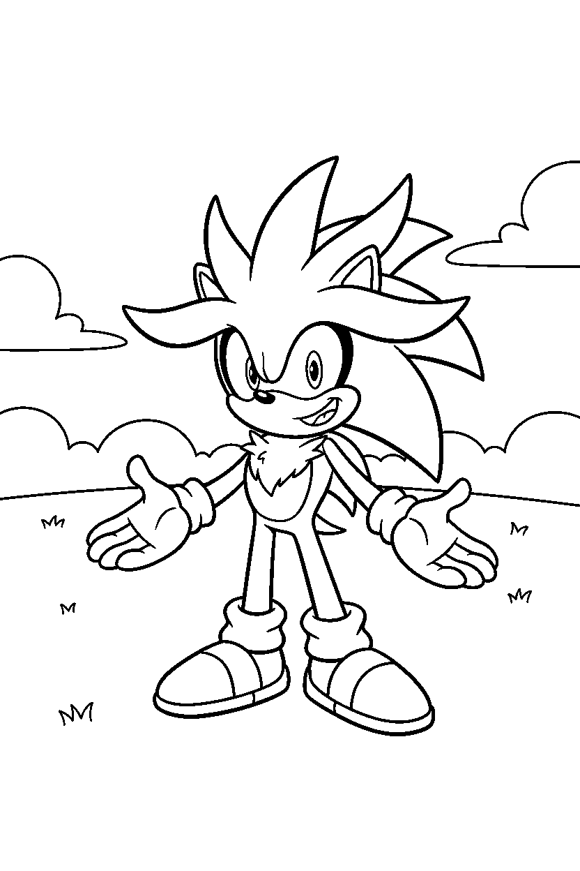 silver the hedgehog looking happy in a wide open field line art