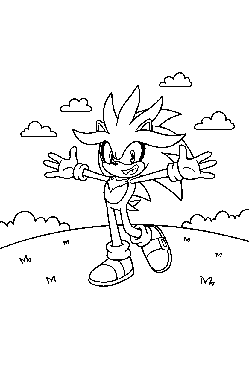 silver the hedgehog posing happily in a hilltop meadow line art