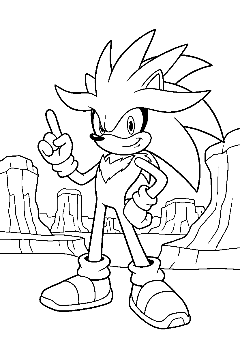 silver the hedgehog posing proudly in a colorful canyon line art