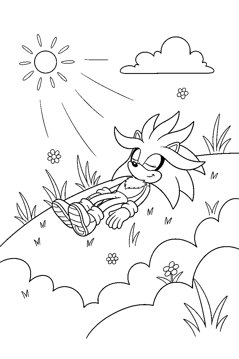 silver the hedgehog relaxing peacefully on a sunny hill line art