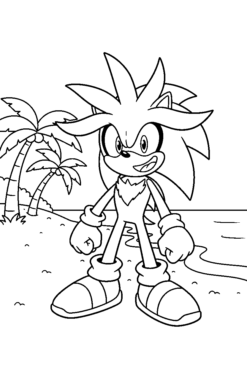 silver the hedgehog smiling happily in a bright island zone line art