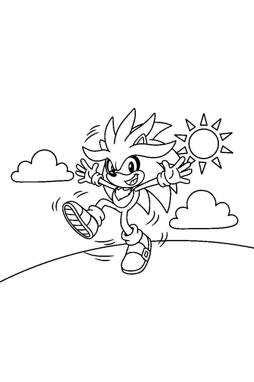silver the hedgehog spinning happily on a sunny hill line art
