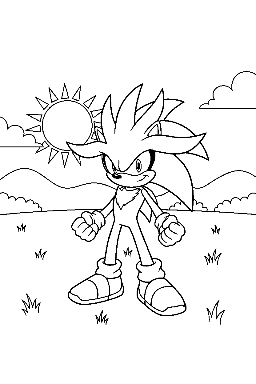 silver the hedgehog standing bravely in a wide open field line art