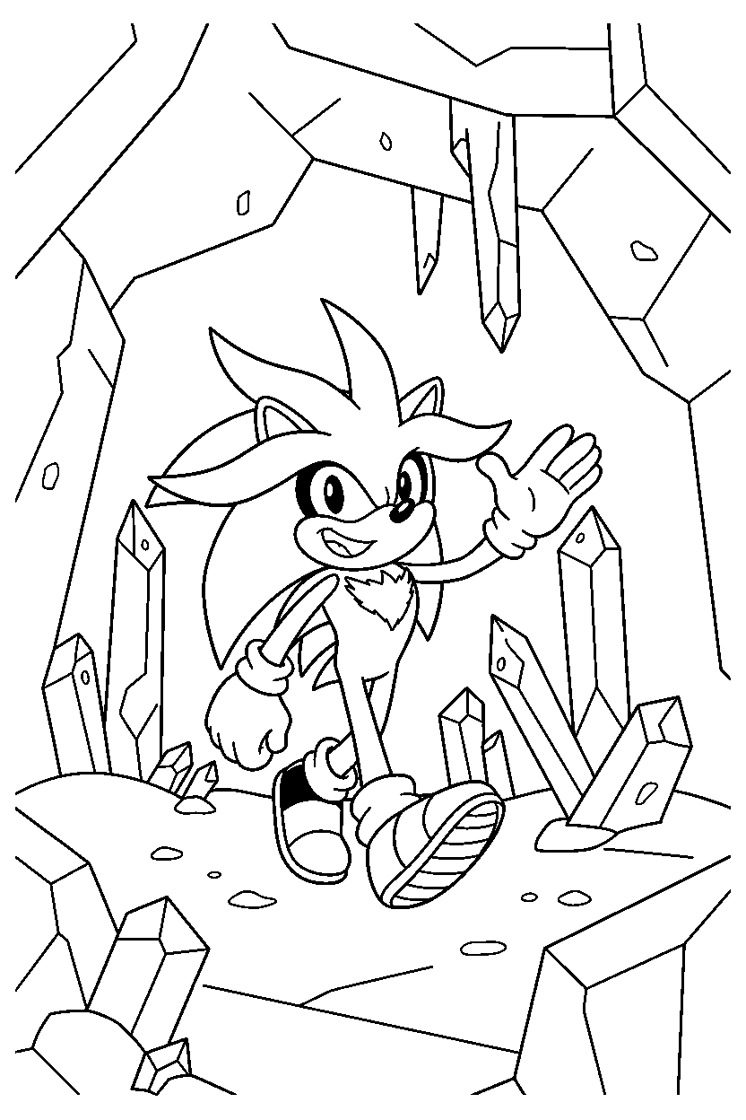 silver the hedgehog walking happily in a crystal cave line art