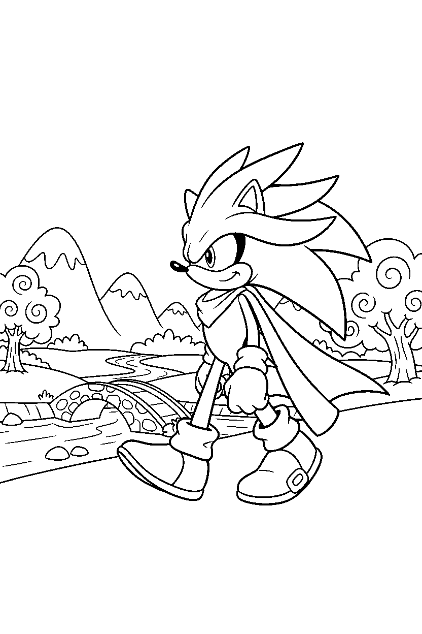 silver the hedgehog walking proudly in a fantasy valley line art