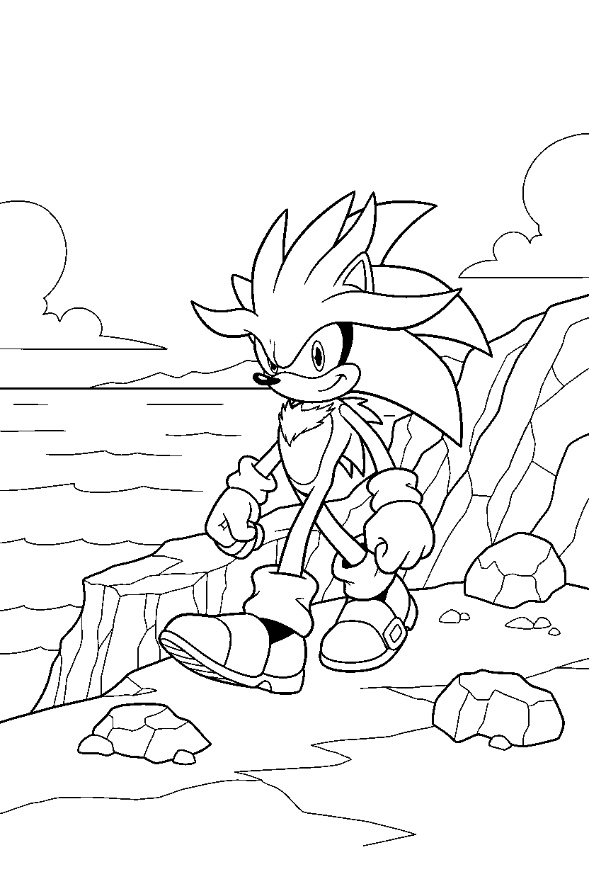 silver the hedgehog walking proudly on a rocky coast line art