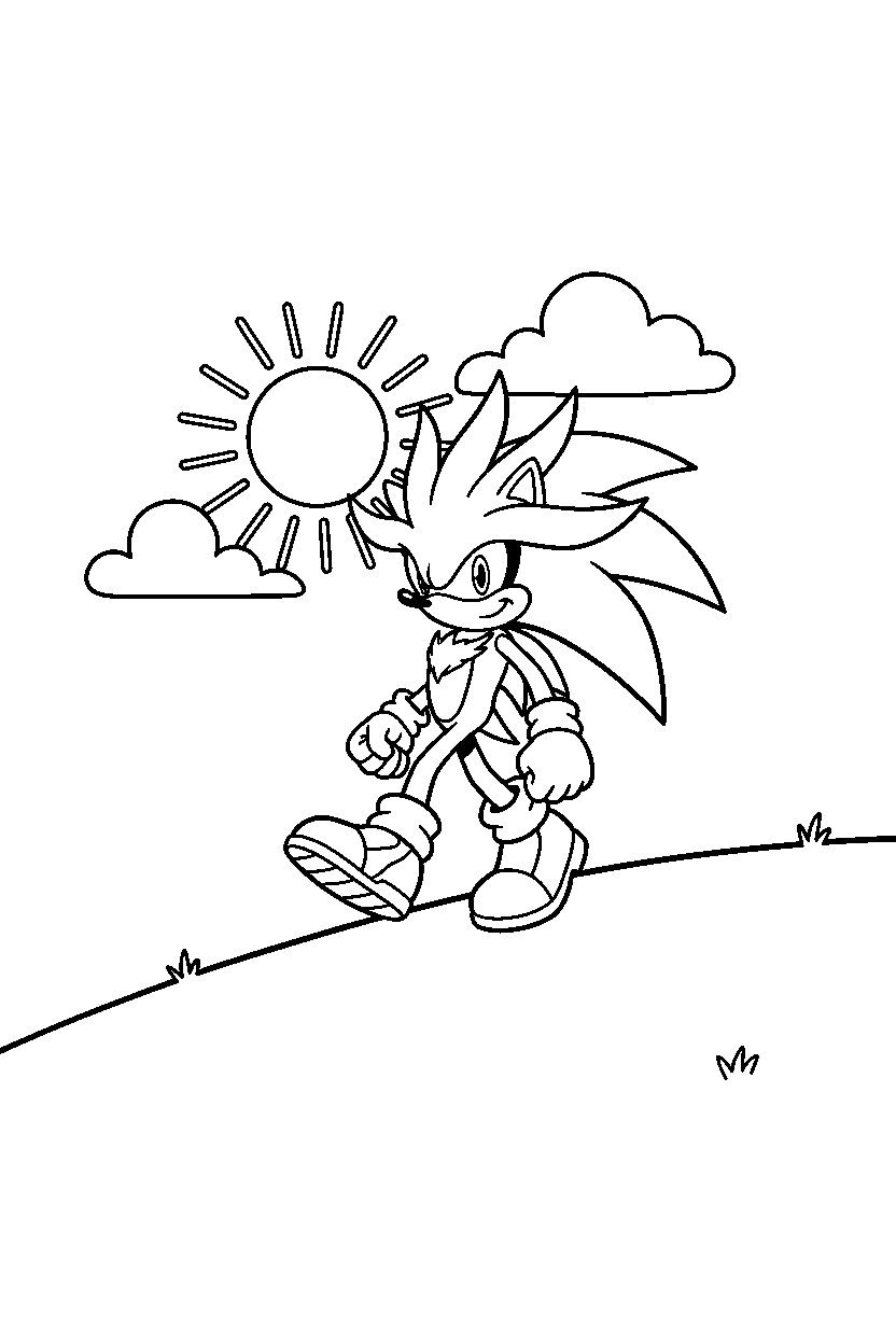 silver the hedgehog walking proudly on a sunny hill line art