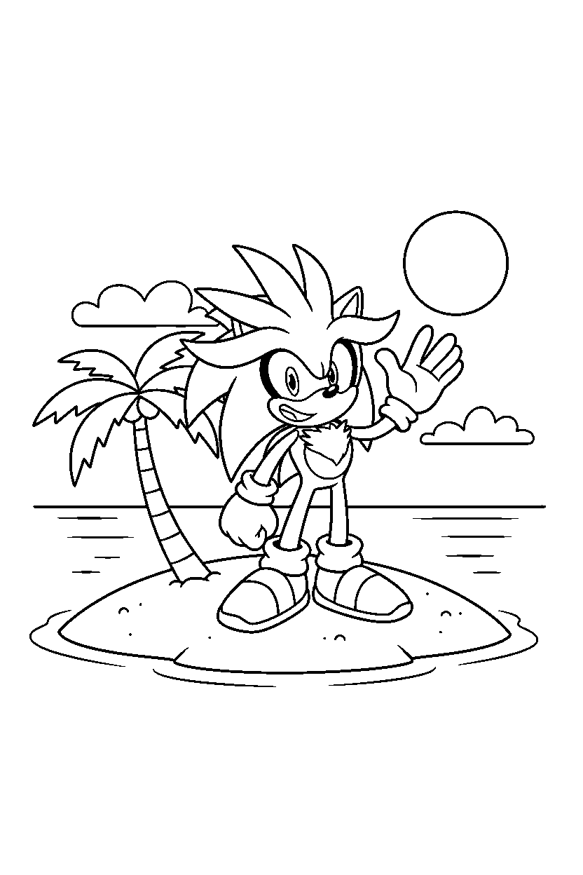silver the hedgehog waving happily in a tropical island line art