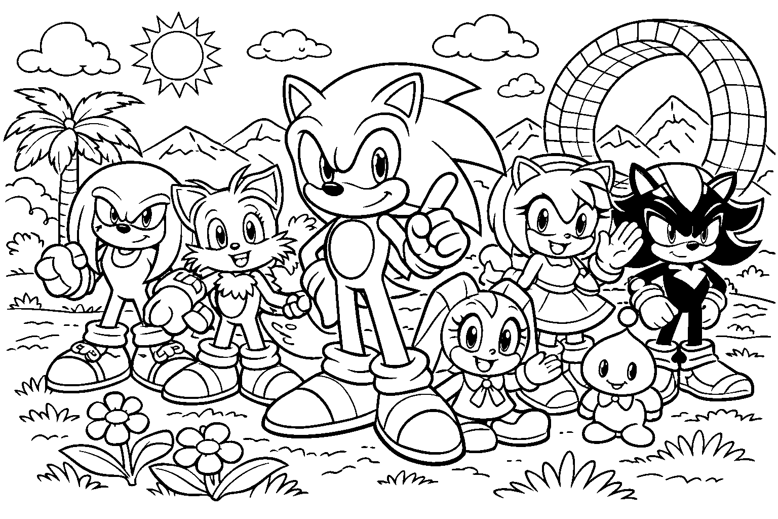 sonic and friends team gathering line art