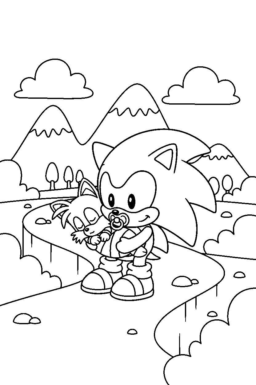 sonic as a baby saving a friend near a mountain path line art