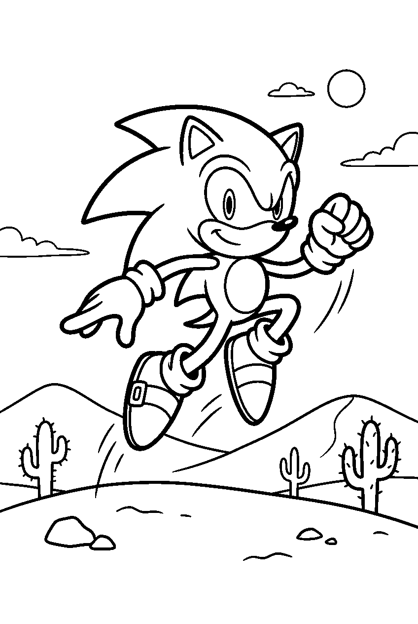 sonic jumping in desert area line art