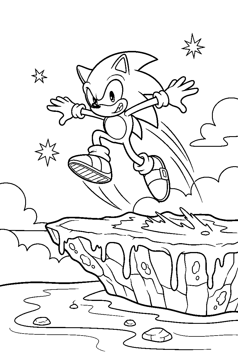 sonic jumping on lava platform line art