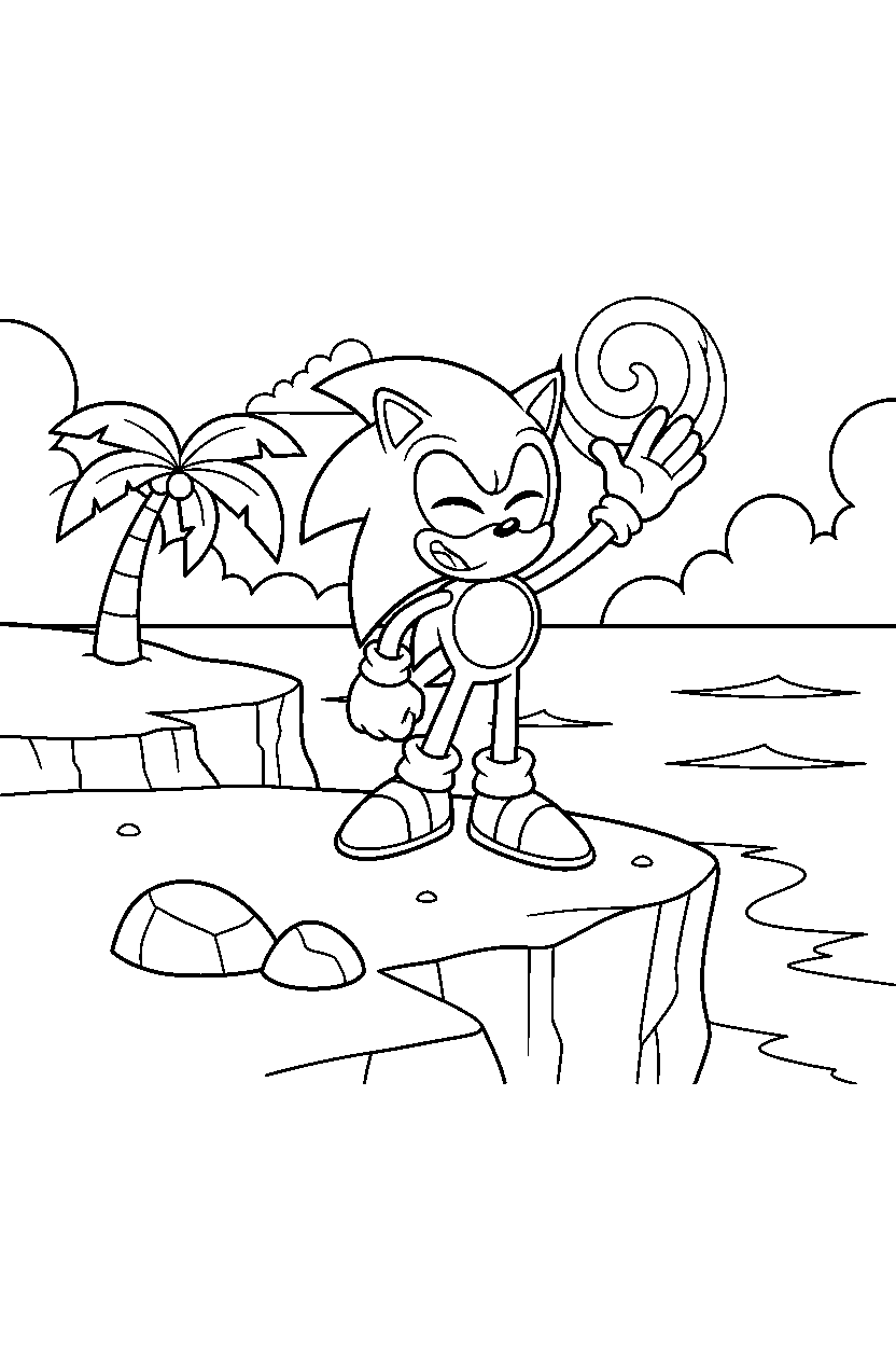 sonic looking happy on a seaside cliff line art