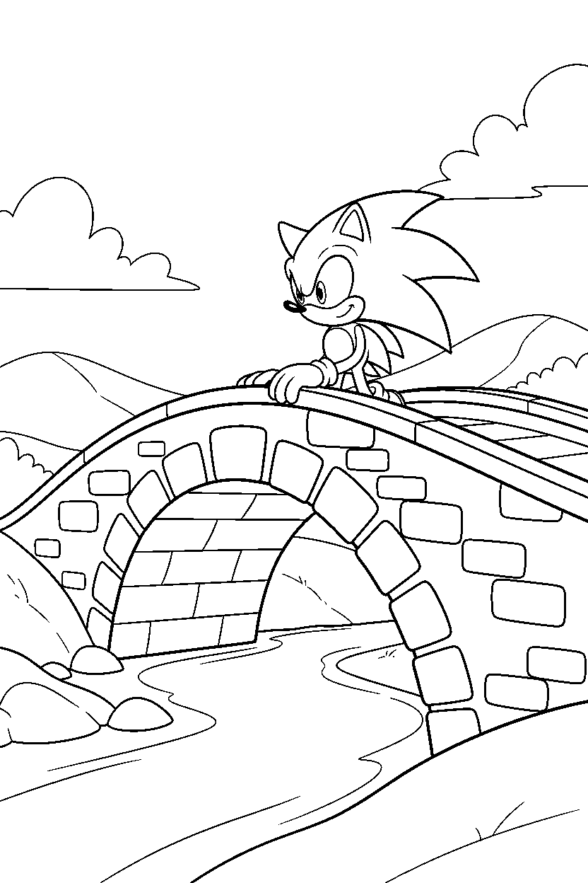 sonic observing on stone bridge line art