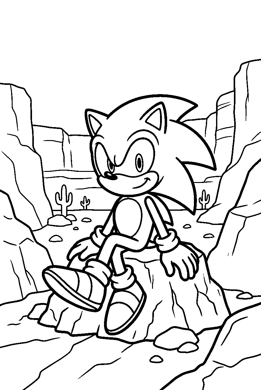 sonic sitting in canyon area line art