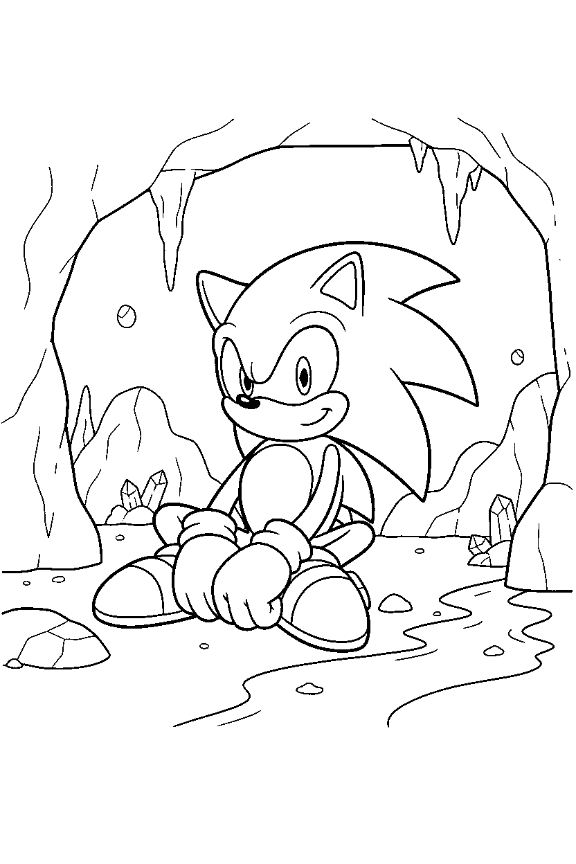 sonic sitting in underground cave line art