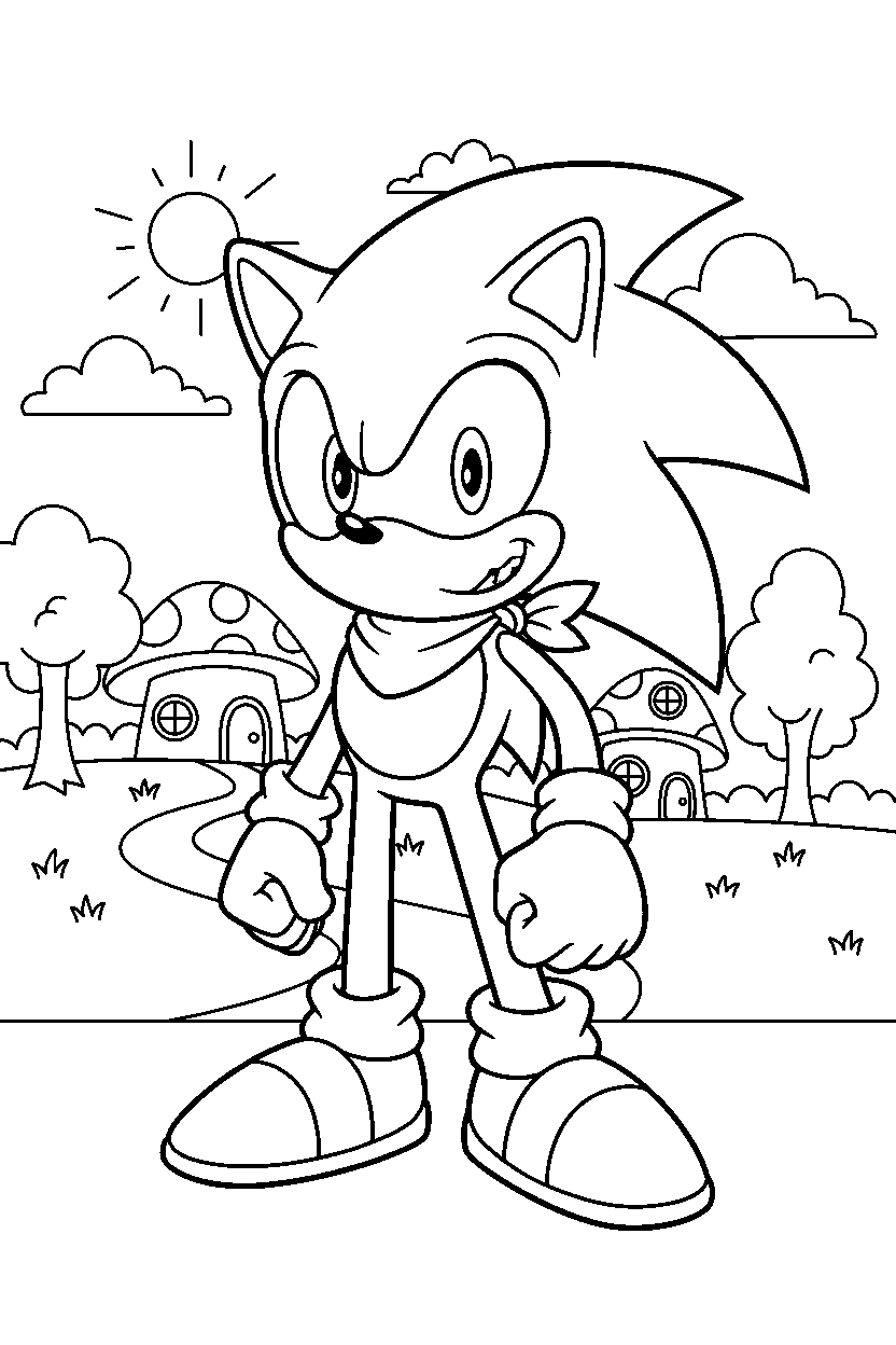 sonic smiling in village line art