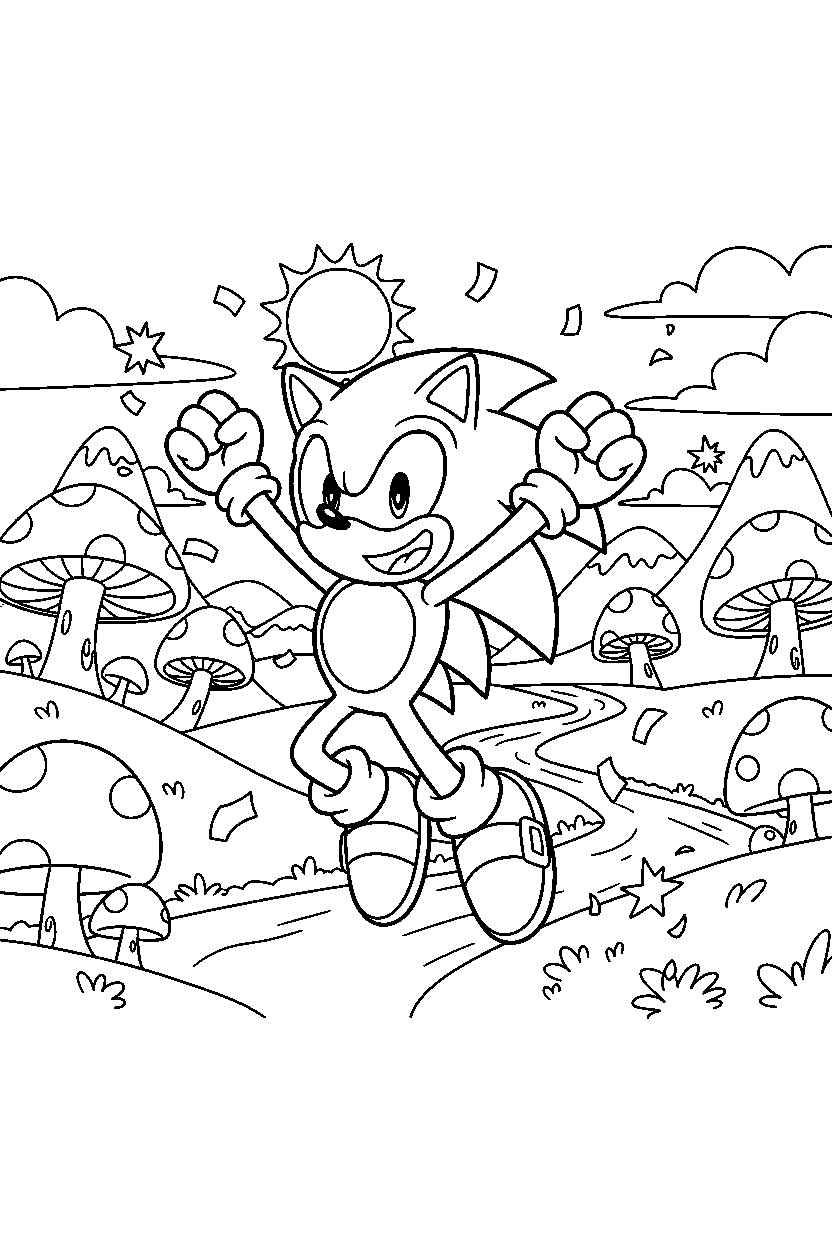 sonic the hedgehog celebrating happily in a fantasy valley line art