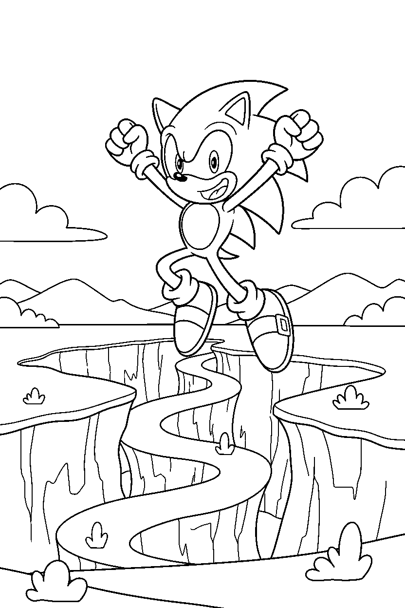 sonic the hedgehog celebrating happily near a green canyon line art