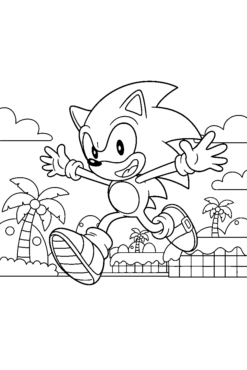 sonic the hedgehog exploring happily in green hill zone line art