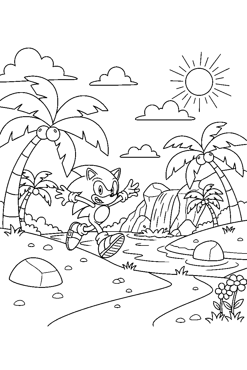 sonic the hedgehog exploring happily on a peaceful island line art