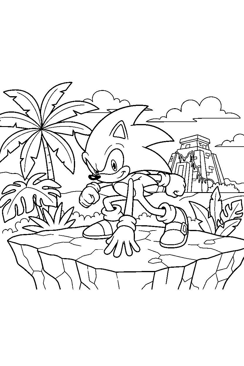 sonic the hedgehog getting ready to run on a jungle plateau line art