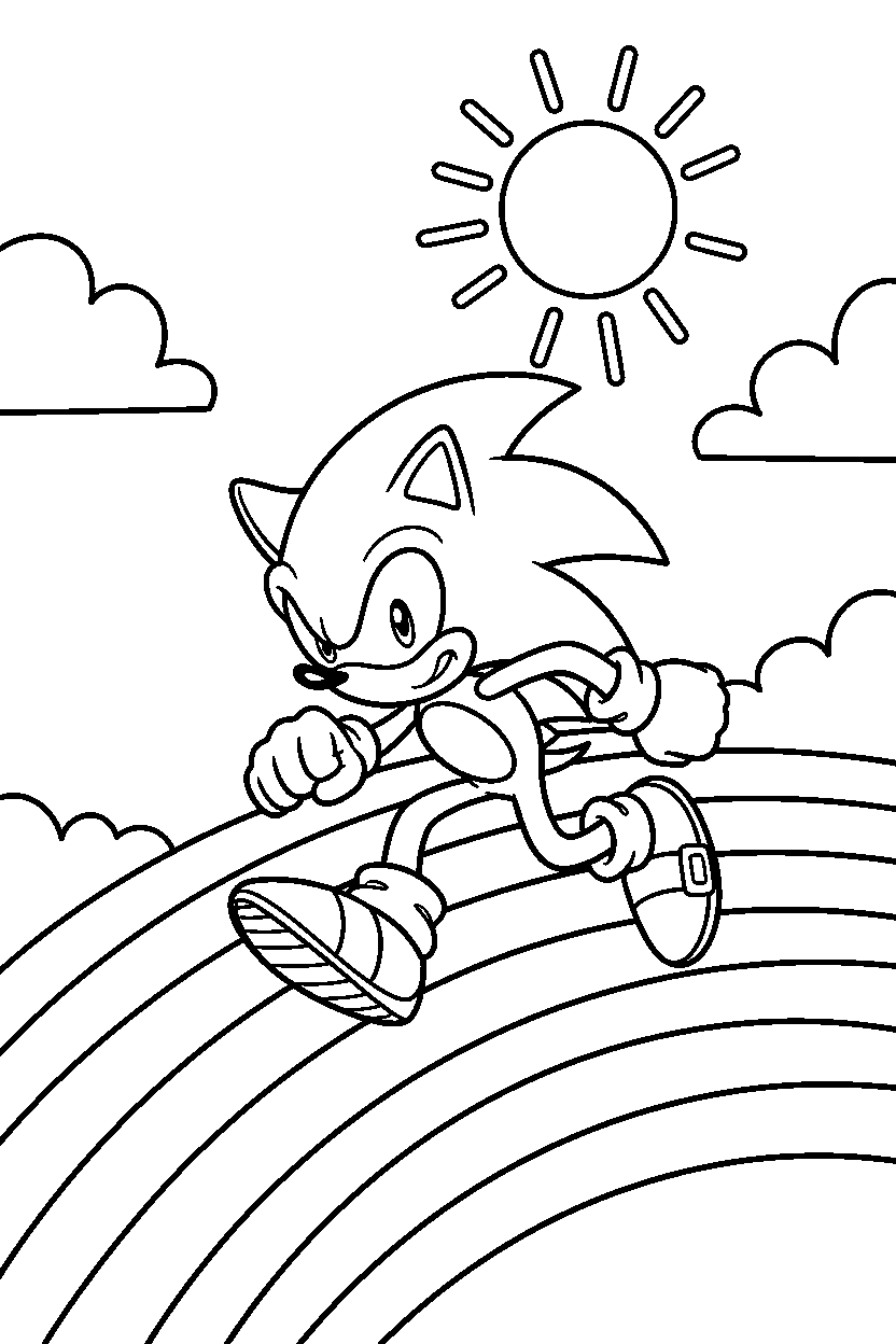 sonic the hedgehog getting ready to run on a rainbow hillside line art