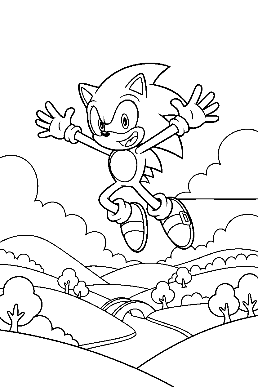 sonic the hedgehog jumping happily in a cheerful valley line art