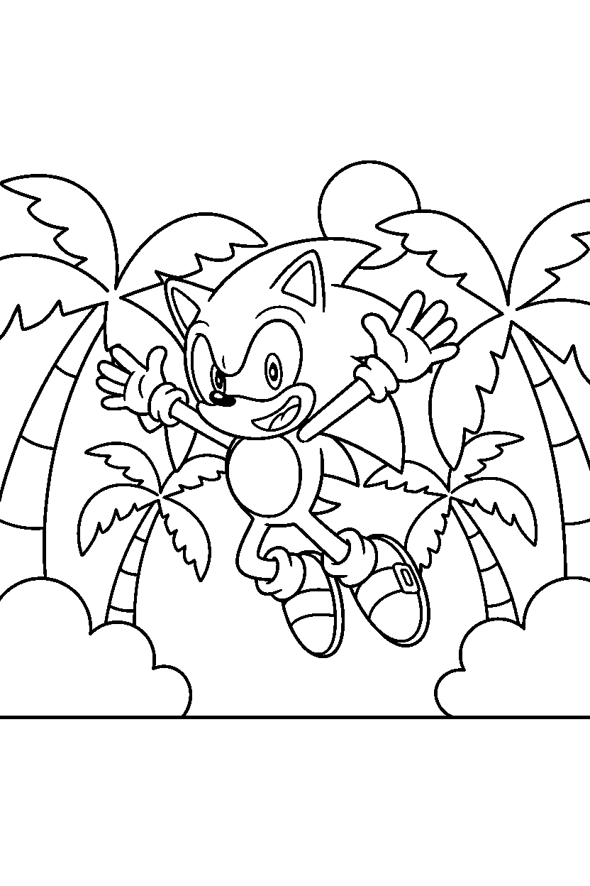 sonic the hedgehog jumping happily in a palm forest line art