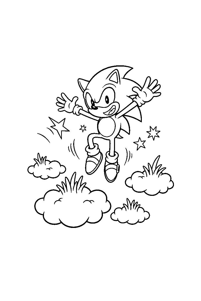 sonic the hedgehog jumping happily in a sky meadow line art