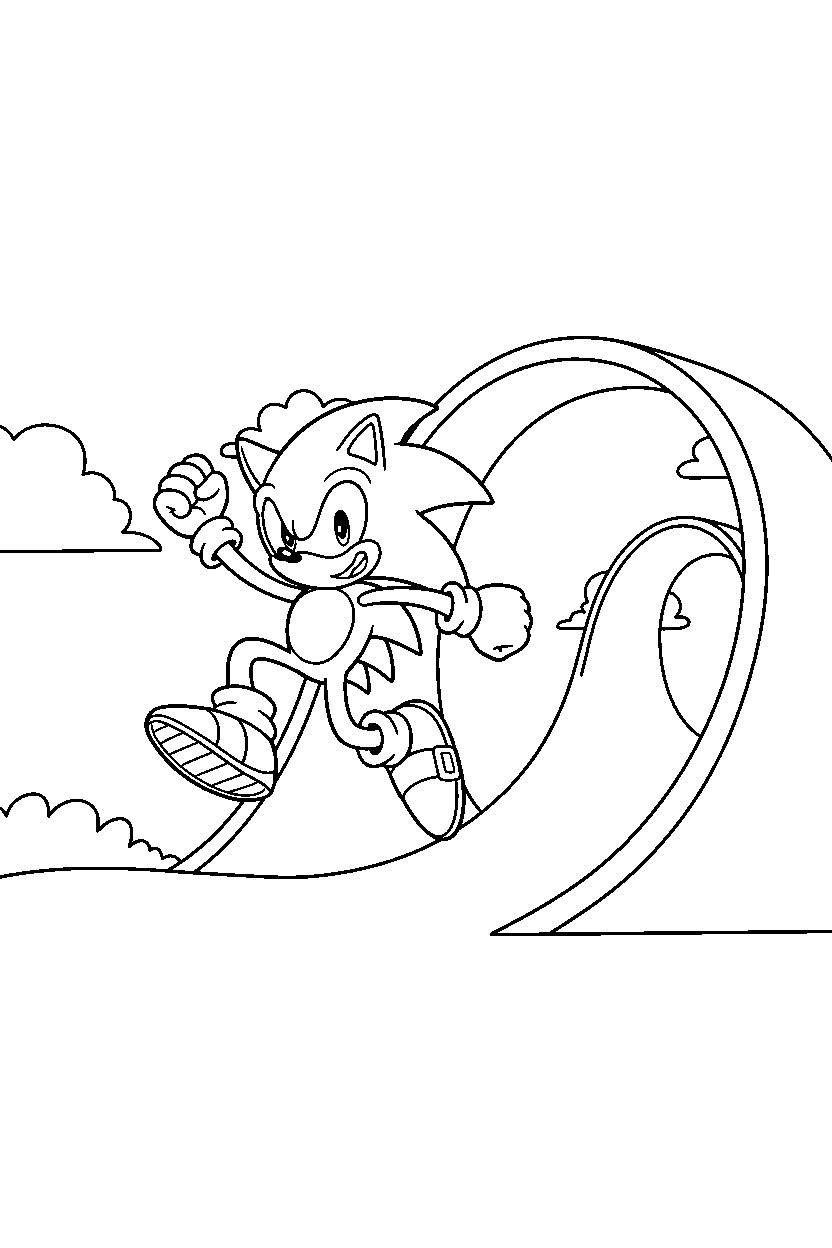 sonic the hedgehog jumping happily near a loop hill line art