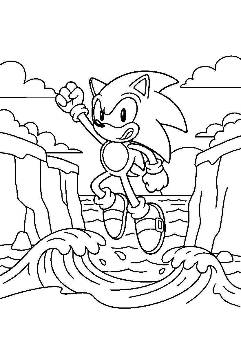 sonic the hedgehog jumping happily near ocean cliffs line art