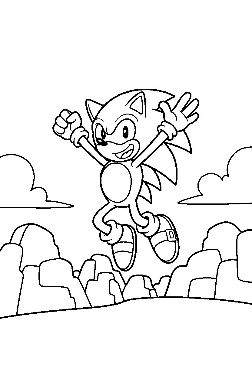 sonic the hedgehog jumping with joy near colorful rock hills line art