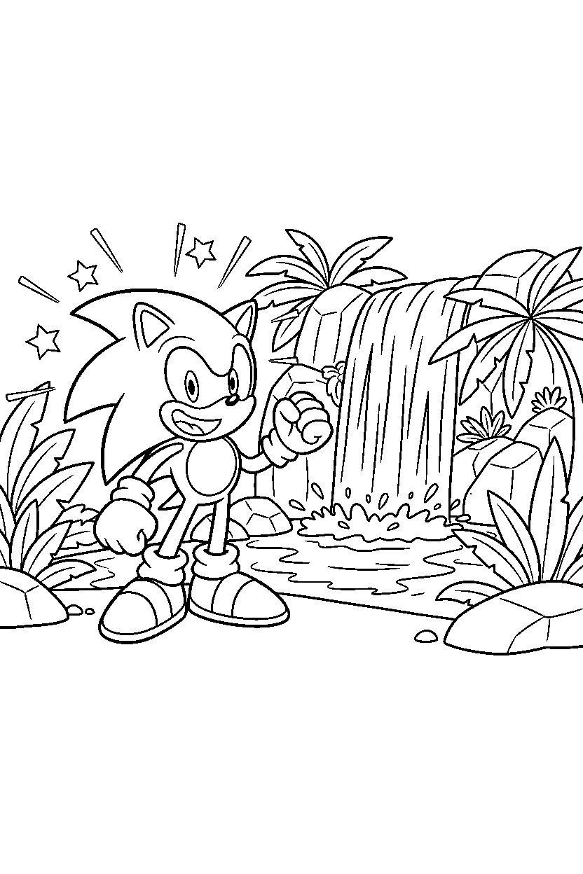 sonic the hedgehog looking excited near jungle waterfalls line art