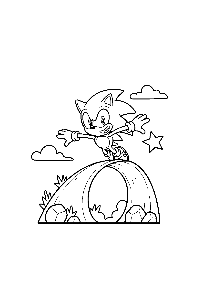 sonic the hedgehog looking excited on a loop hill path line art