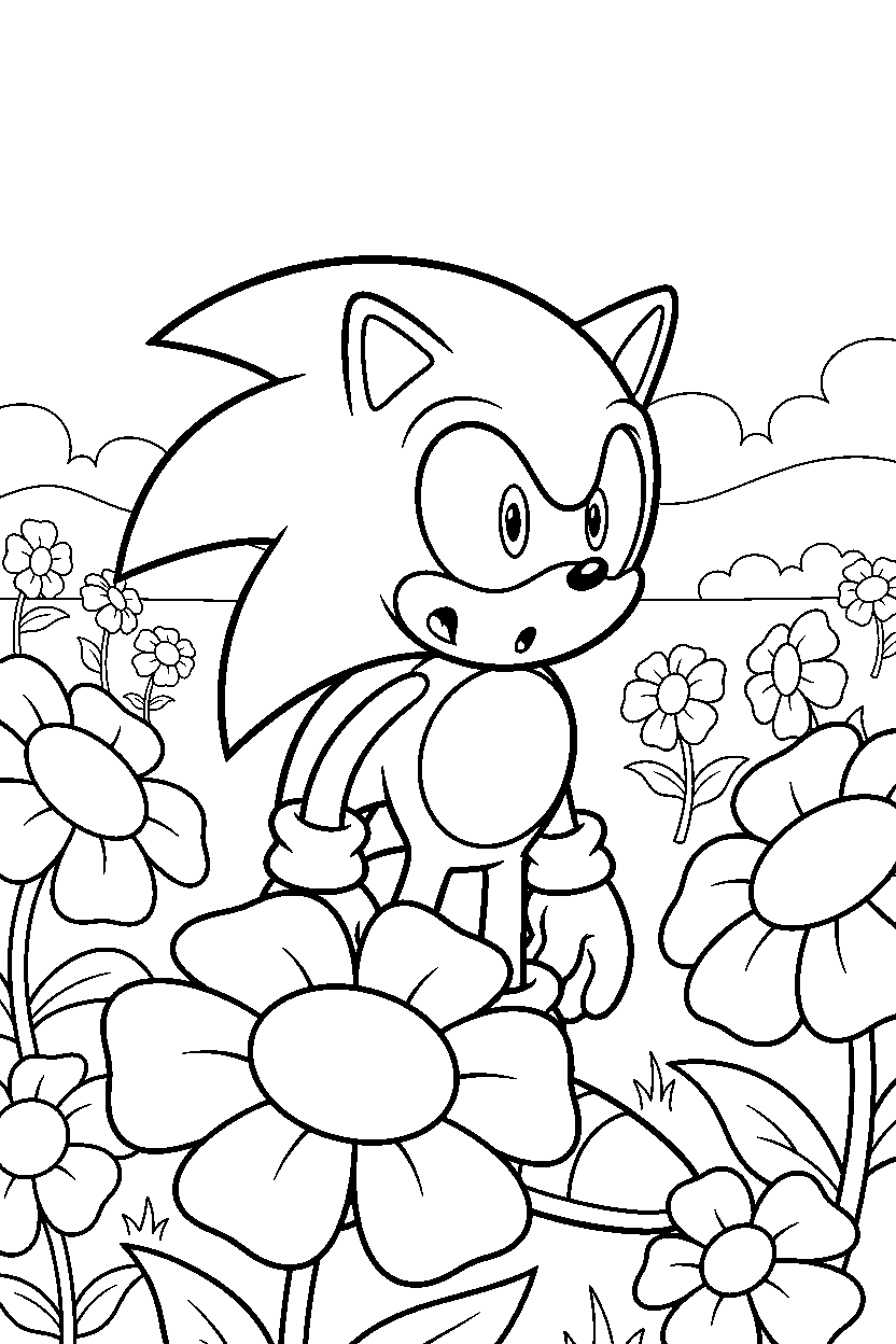 sonic the hedgehog looking surprised in a flower field line art