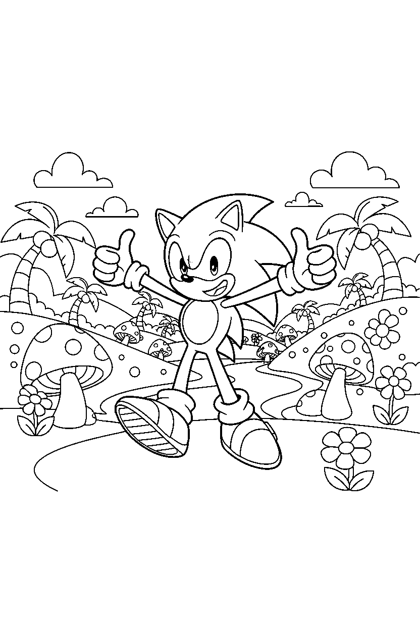 sonic the hedgehog posing happily in a colorful valley line art