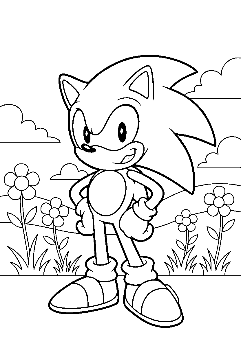 sonic the hedgehog posing happily in a peaceful grassland line art