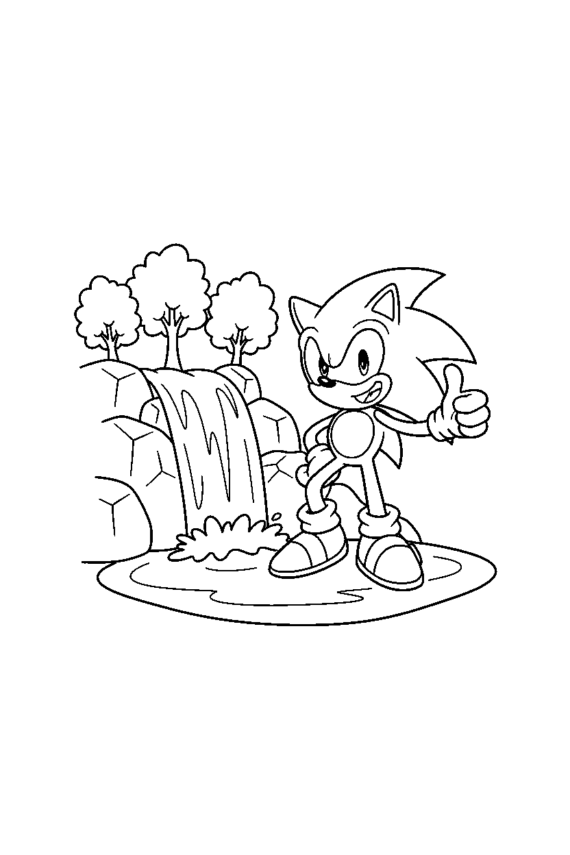 sonic the hedgehog posing happily near a waterfall line art