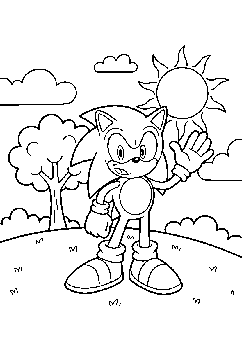 sonic the hedgehog posing happily on a sunny hill line art