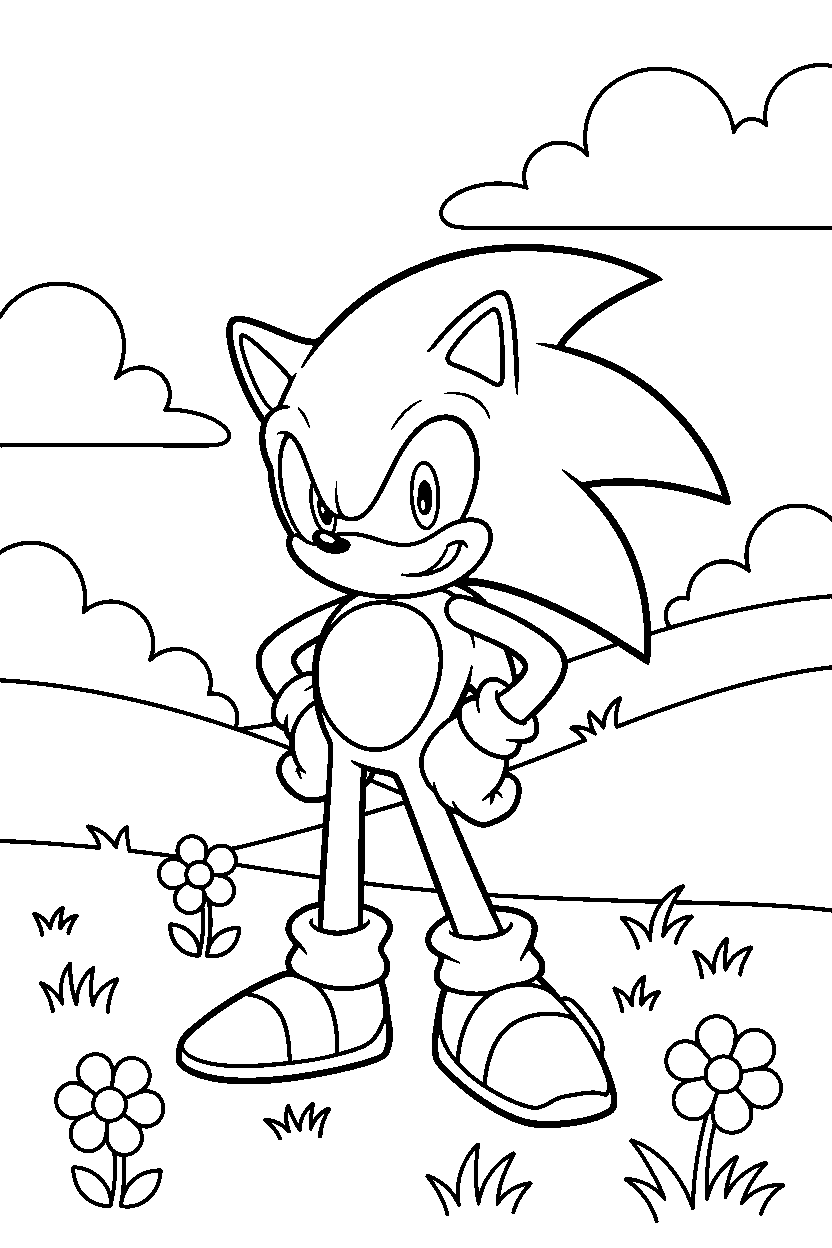 sonic the hedgehog posing proudly in a peaceful grassland line art