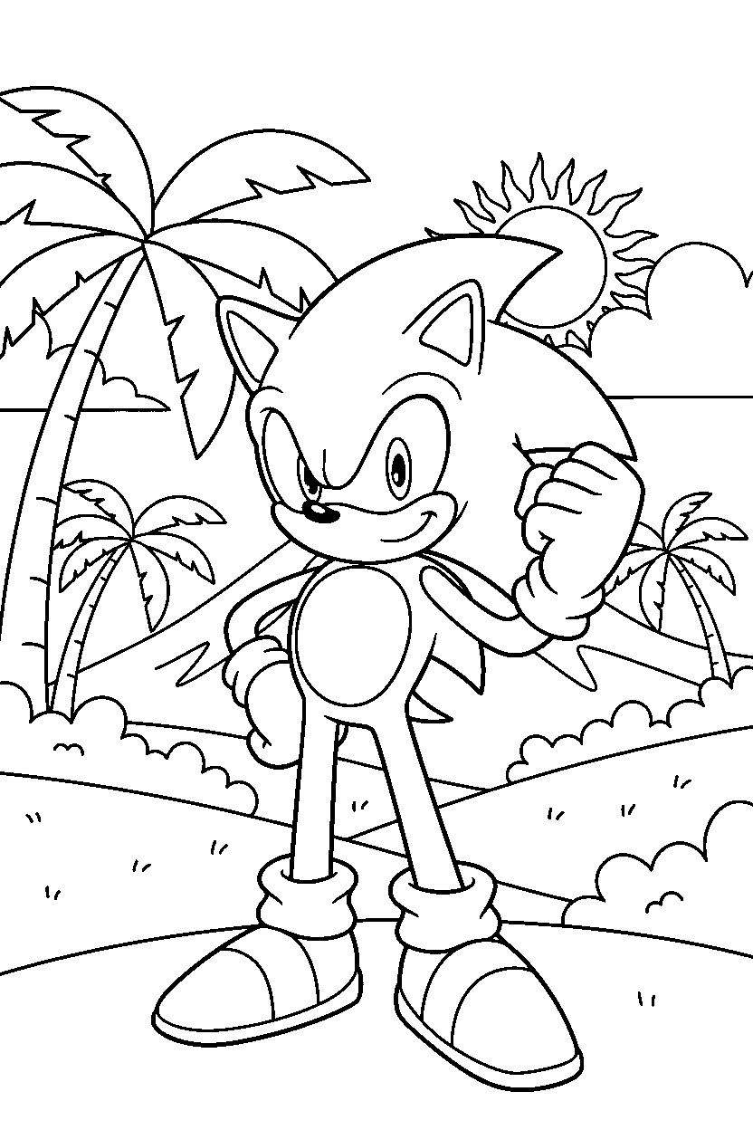 sonic the hedgehog posing proudly on a tropical hillside line art