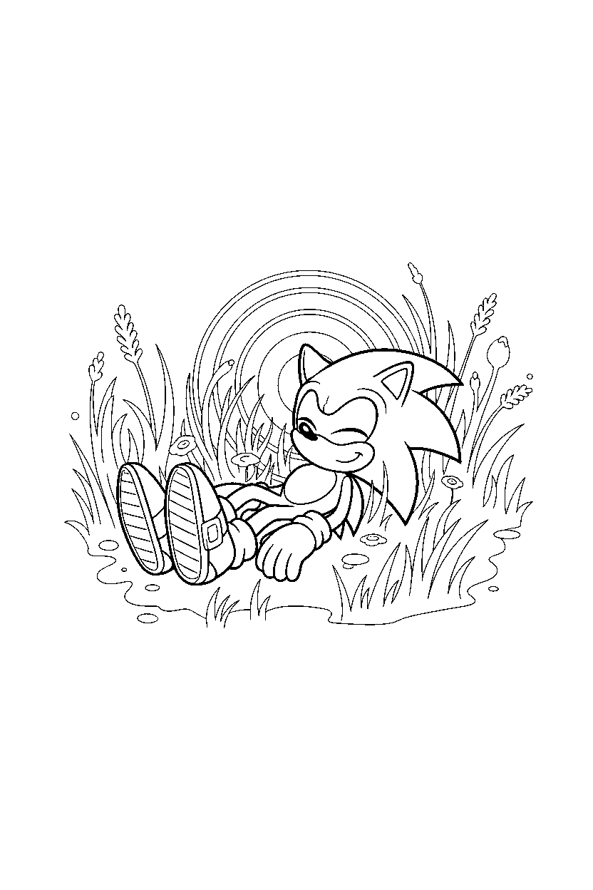 sonic the hedgehog relaxing peacefully in a glowing grassland line art