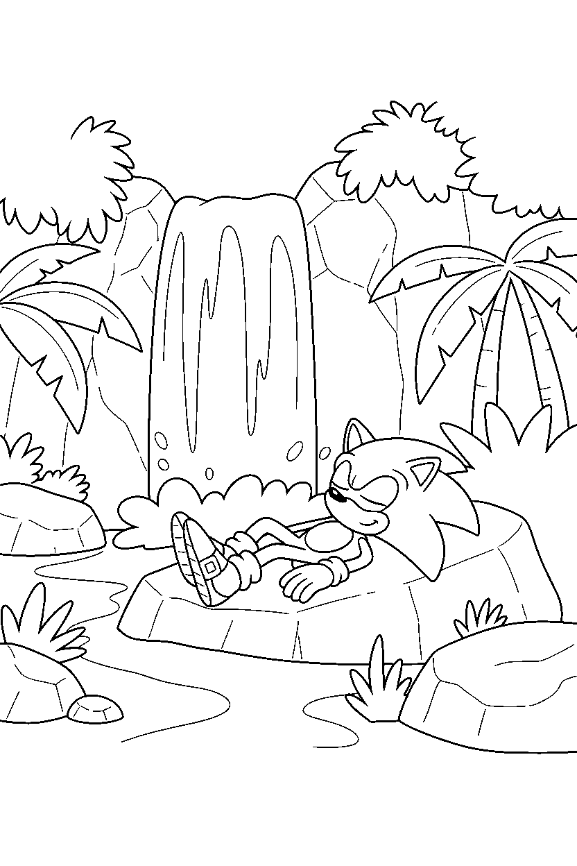 sonic the hedgehog relaxing peacefully near jungle waterfalls line art