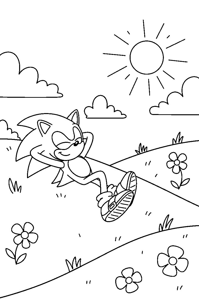 sonic the hedgehog relaxing peacefully on a bright hillside line art
